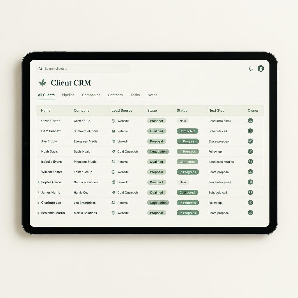Client CRM Spreadsheet mockup